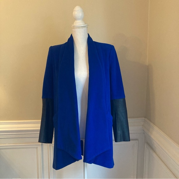 MASON Blue and Black Virgin Wool and Lambskin Leather Coat Jacket - Picture 7 of 9